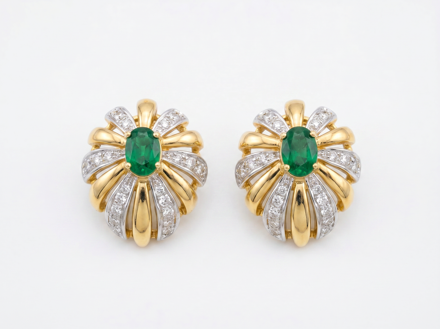 floral green color stone round brilliant diamond earrings | vintage bloom elegance