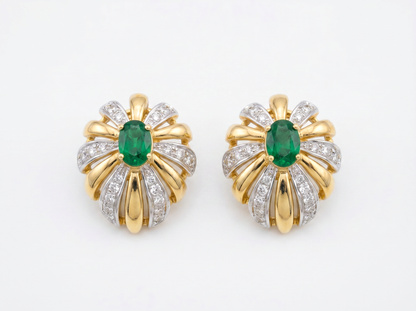 Floral Green Color Stone Round Brilliant Diamond Earrings | Vintage Bloom Elegance