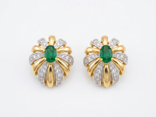 Floral Green Color Stone Round Brilliant Diamond Earrings | Vintage Bloom Elegance