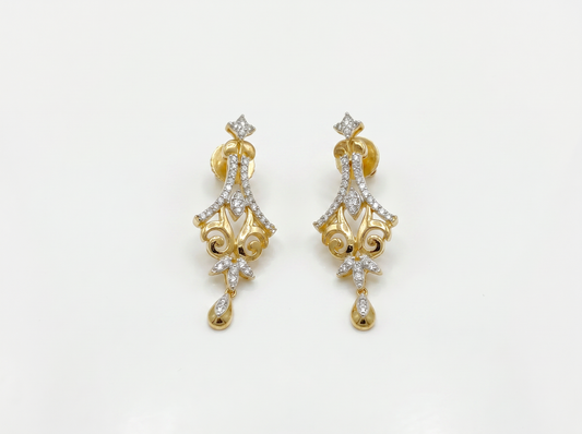 Vintage Floral Diamond Drop Earrings | Ornate 14K Gold Elegance