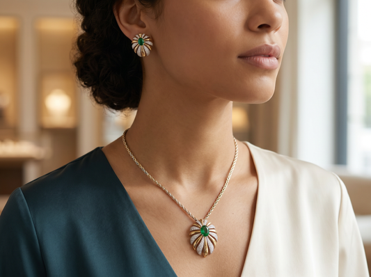 Floral Green Color Stone Round Brilliant Diamond Pendant | Radiant Vintage Elegance
