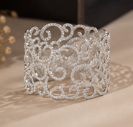 luxury diamond filigree cuff bracelet | elegant 18k white gold bracelet
