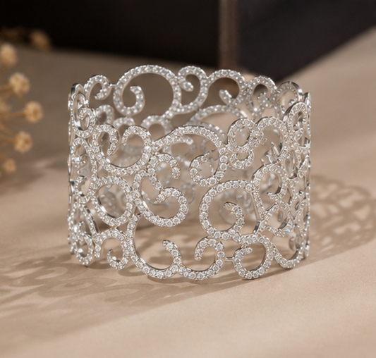 Luxury Diamond Filigree Cuff Bracelet | Elegant 18K White Gold Bracelet