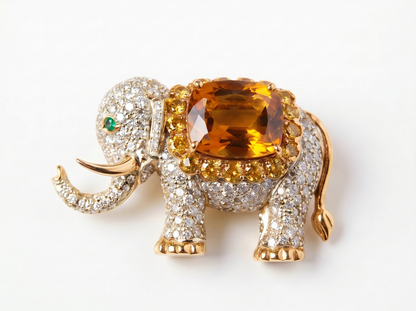 Elephant Color Stone Round Brilliant Diamond Brooch | Majestic Statement Masterpiece