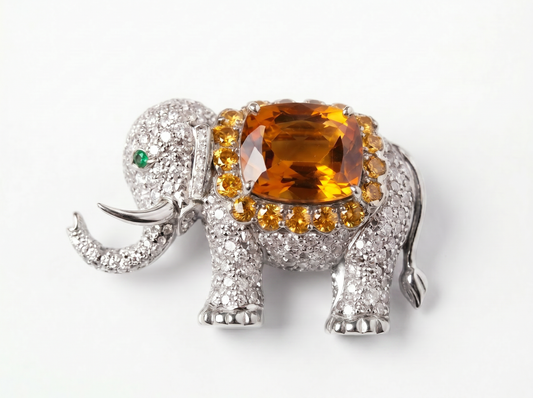 Elephant Color Stone Round Brilliant Diamond Brooch | Majestic Statement Masterpiece