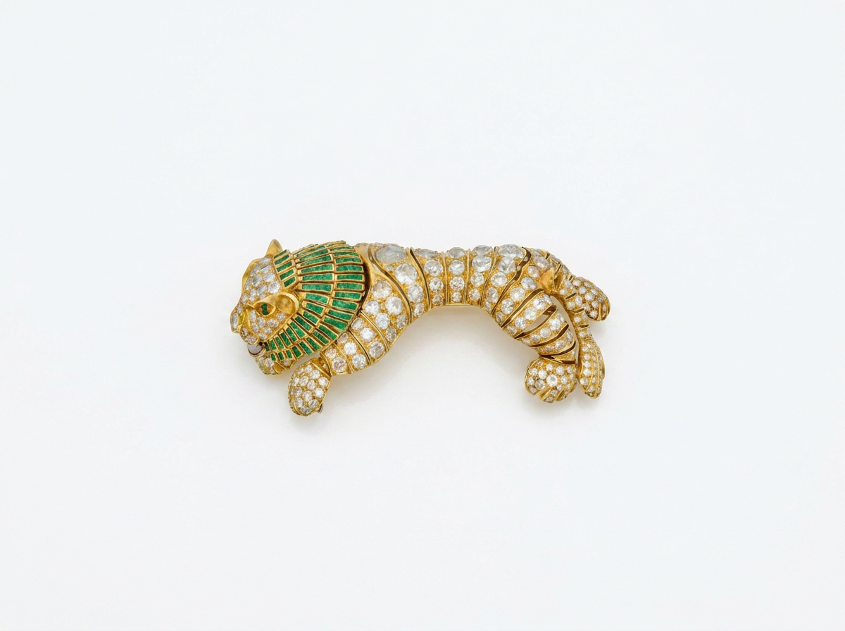 panther green color stone round brilliant diamond brooch | sleek power silhouette
