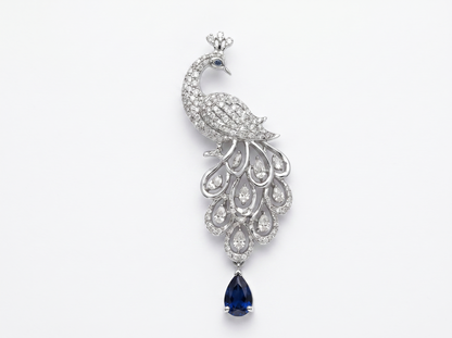 Peacock Blue Color Stone Round Brilliant Diamond Brooch | Graceful Heritage Drop
