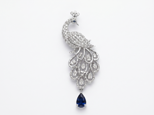 Peacock Blue Color Stone Round Brilliant Diamond Brooch | Graceful Heritage Drop