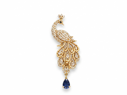 Peacock Blue Color Stone Round Brilliant Diamond Brooch | Graceful Heritage Drop