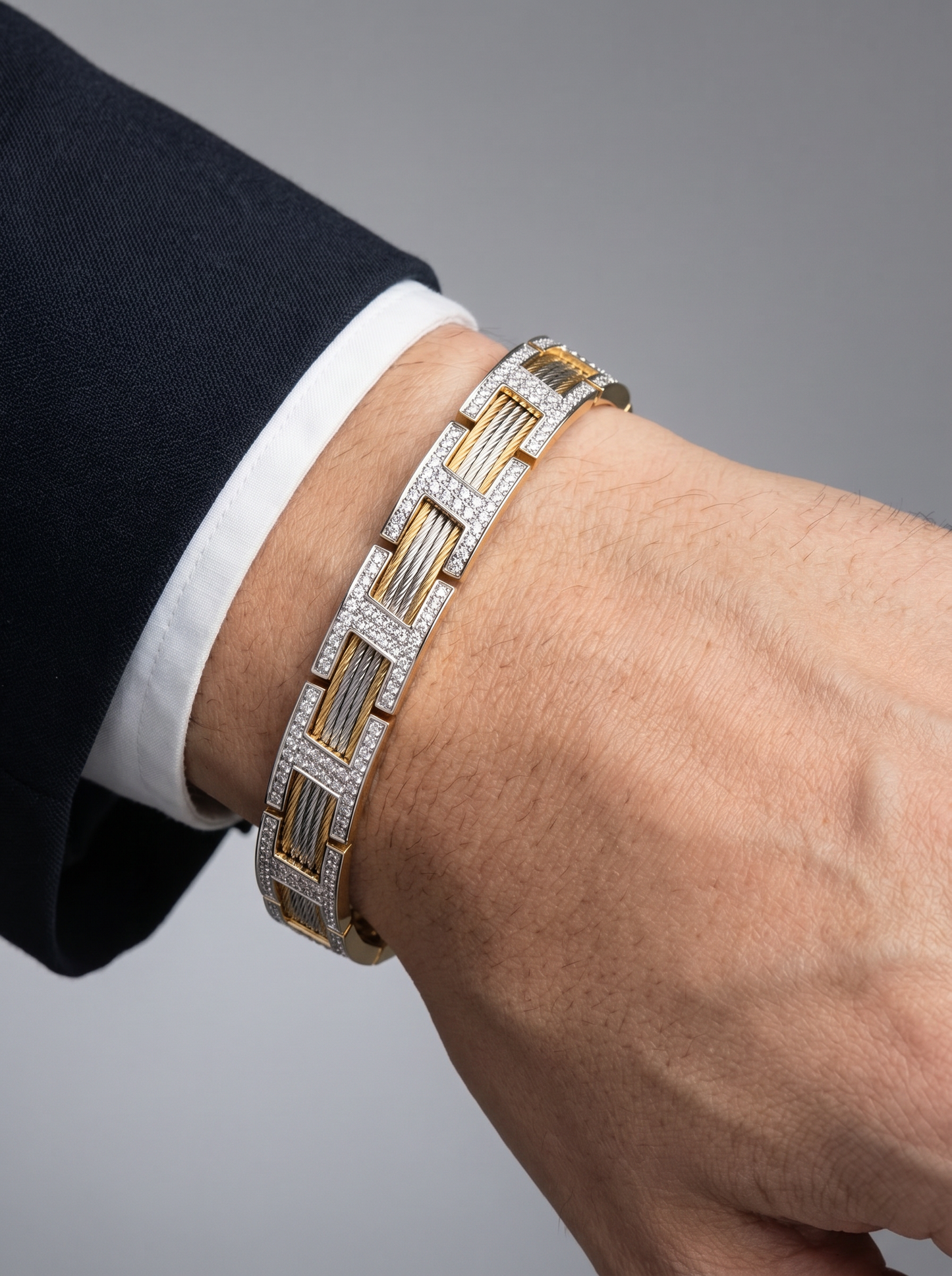 dual-tone diamond bar link men's bracelet | structured modern design