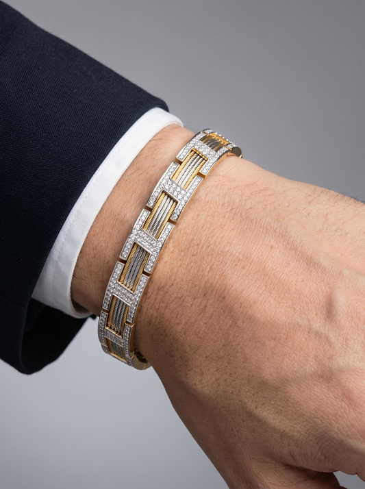 Dual-Tone Diamond Bar Link Bracelet | Structured Modern Design