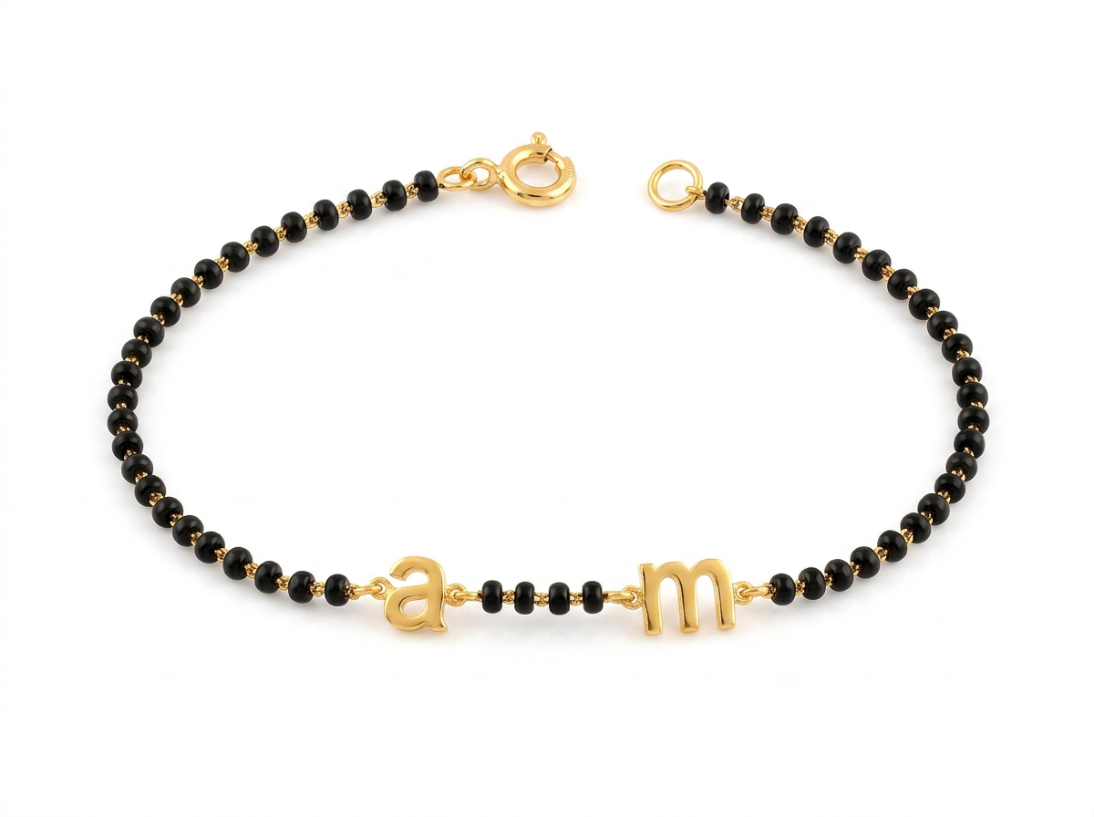 men’s black bead initial bracelet | personalized letter link design