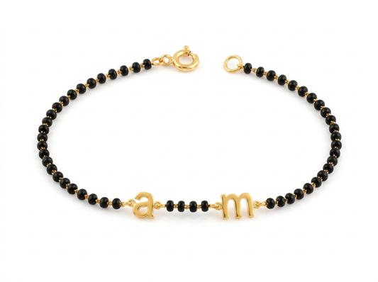 Men’s Black Bead Initial Bracelet | Personalized Letter Link Design
