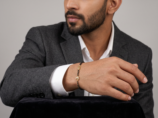 Men’s Black Bead Initial Bracelet | Personalized Letter Link Design
