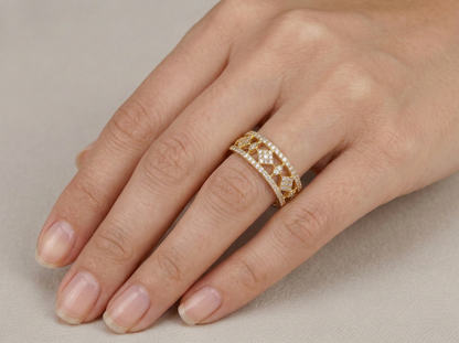 Luxury Geometric Round Diamond Statement Ring | 18K Gold Wide Band Ring