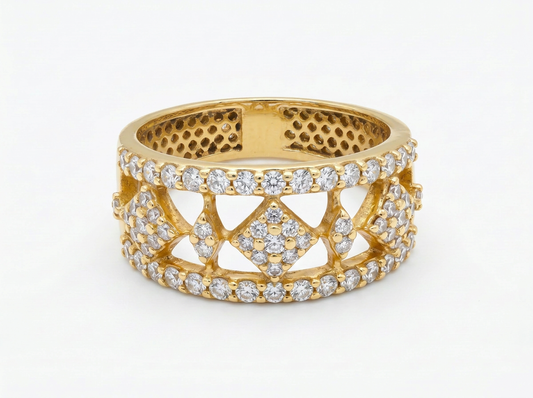 Luxury Geometric Round Diamond Statement Ring | 18K Gold Wide Band Ring