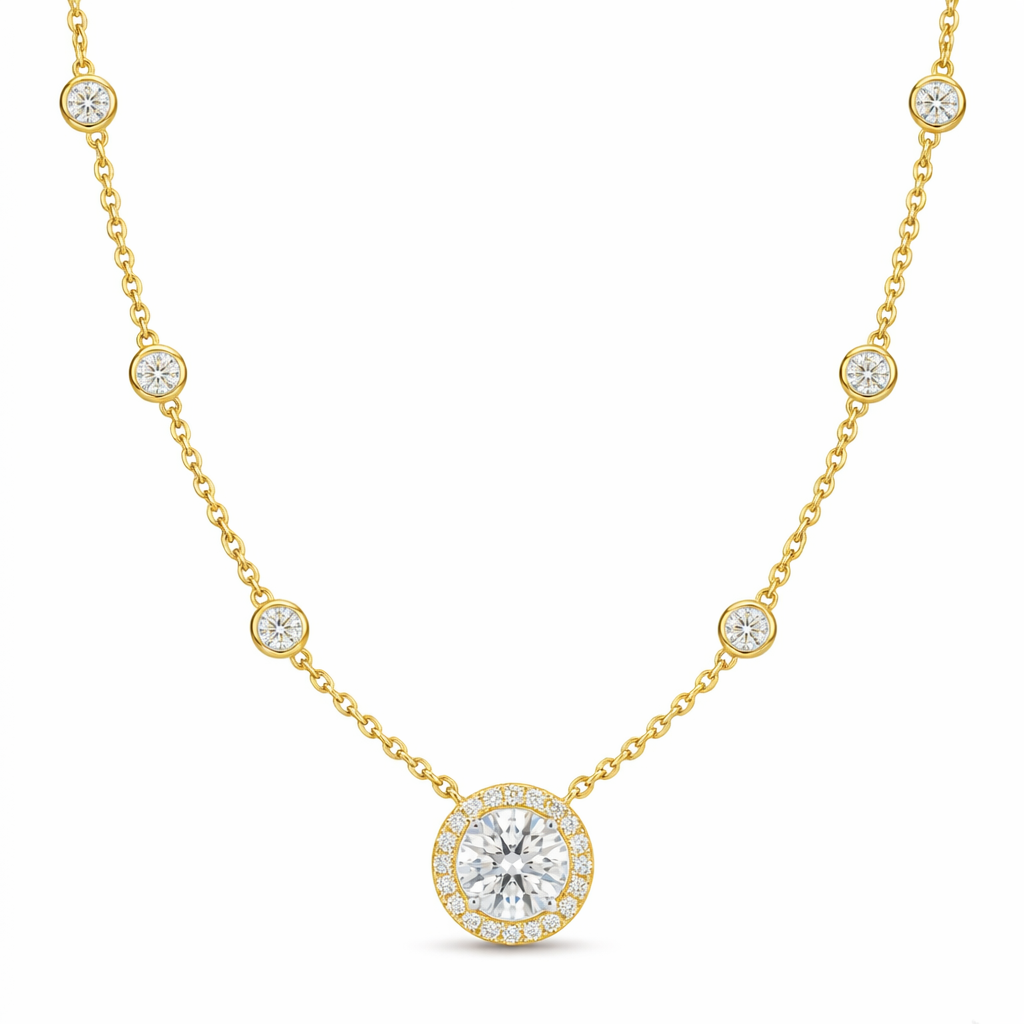 halo diamond pendant necklace | bezel-set station chain design