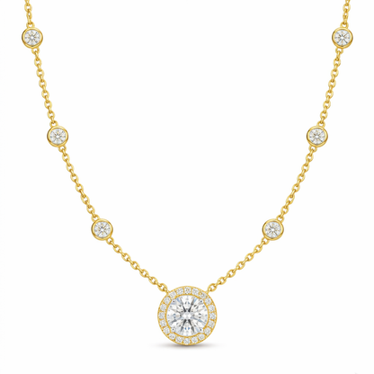 Halo Diamond Pendant Necklace | Bezel-Set Station Chain Design