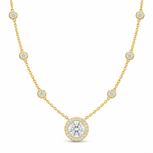 Halo Diamond Pendant Necklace | Bezel-Set Station Chain Design