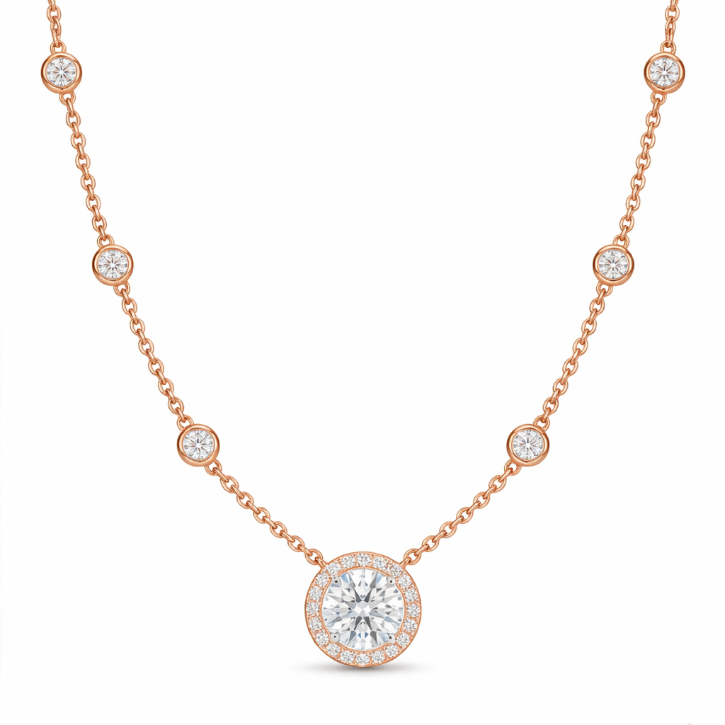 halo diamond pendant necklace | bezel-set station chain design