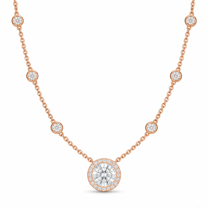 Halo Diamond Pendant Necklace | Bezel-Set Station Chain Design
