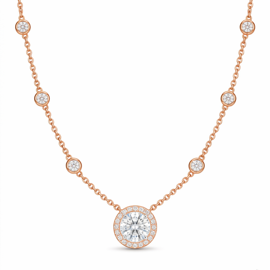 Halo Diamond Pendant Necklace | Bezel-Set Station Chain Design