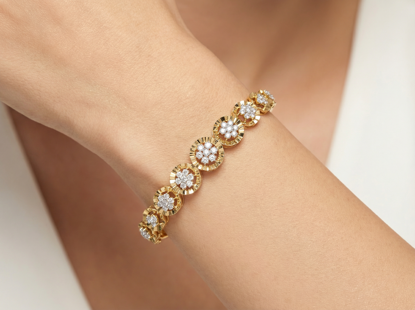 flower shape diamond bangle bracelet | round cut prong set floral design