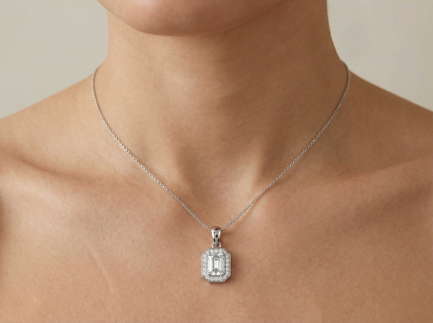 emerald cut diamond solitaire pendant | elegant classic pavé setting