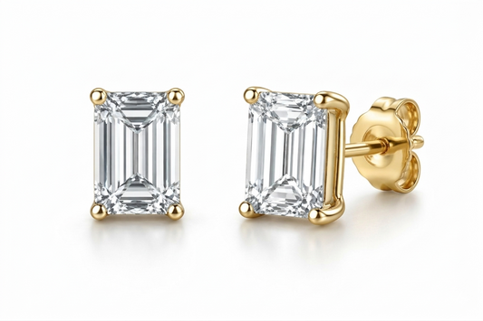 Emerald Cut Diamond Stud Earrings | Four-Prong Basket Setting