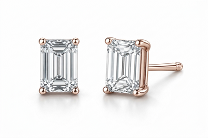 Emerald Cut Diamond Stud Earrings | Four-Prong Basket Setting