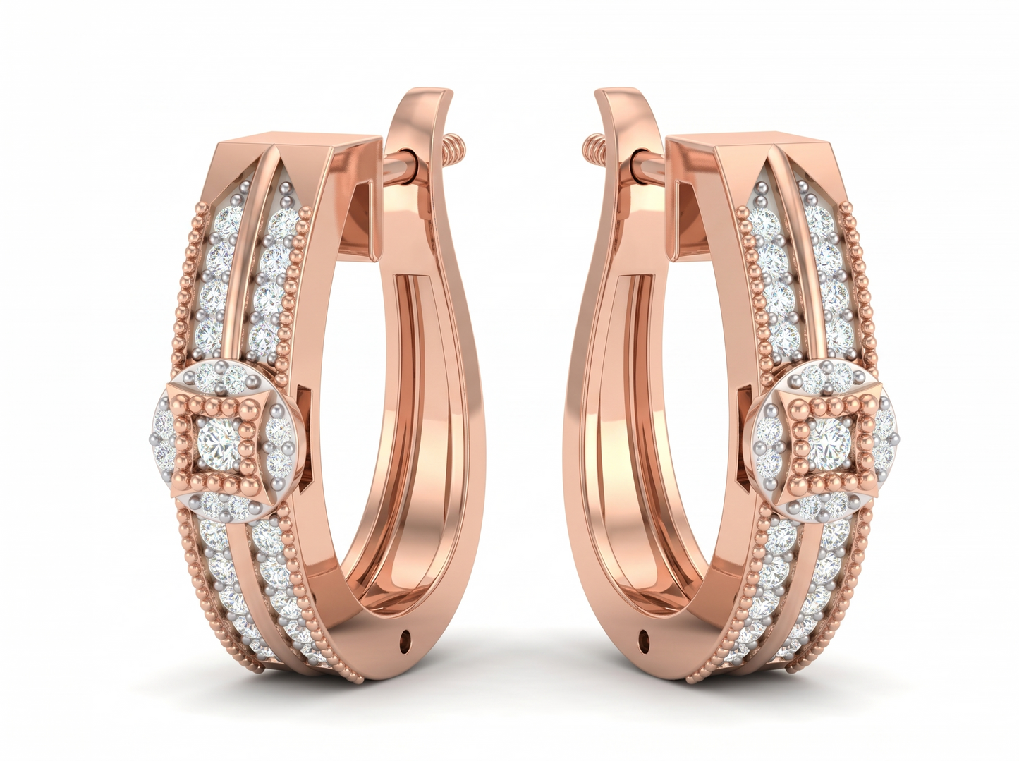 round cut diamond hoop earrings | geometric square halo design