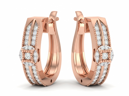 Round Cut Diamond Hoop Earrings | Geometric Square Halo Design