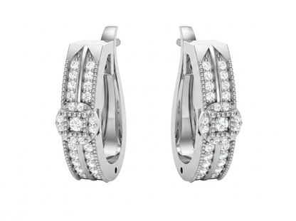 Round Cut Diamond Hoop Earrings | Geometric Square Halo Design
