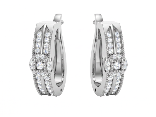 Round Cut Diamond Hoop Earrings | Geometric Square Halo Design