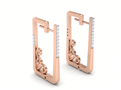 Round Cut Diamond Rectangle Hoop Earrings | Vintage Scrollwork Design