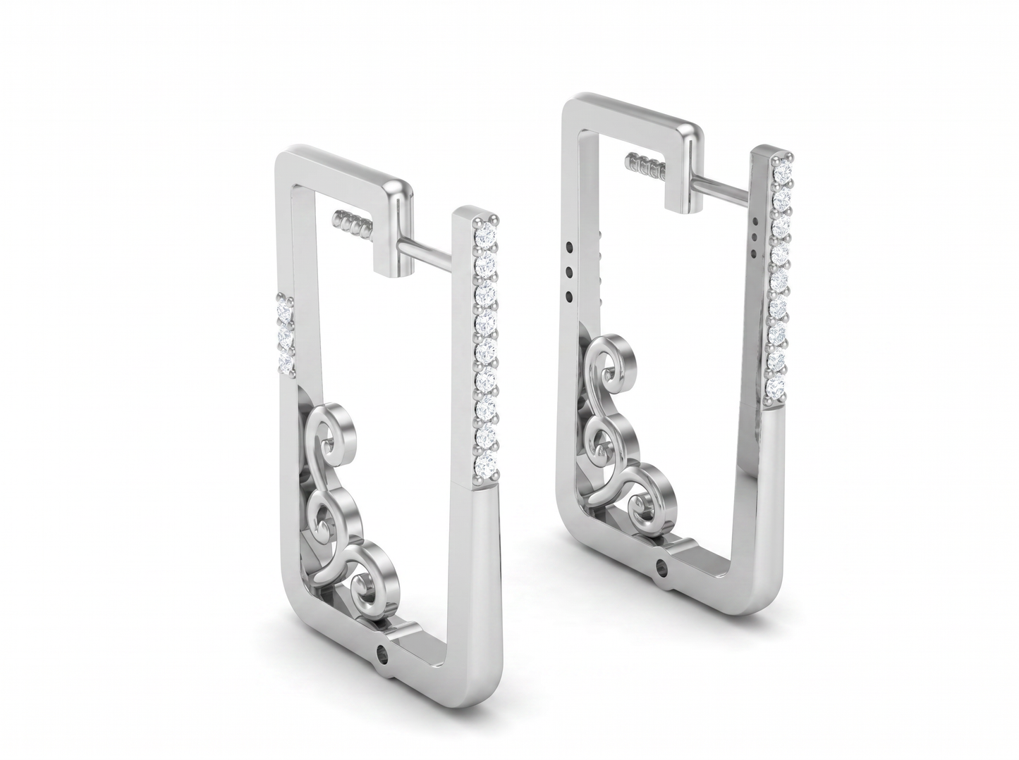round cut diamond rectangle hoop earrings | vintage scrollwork design