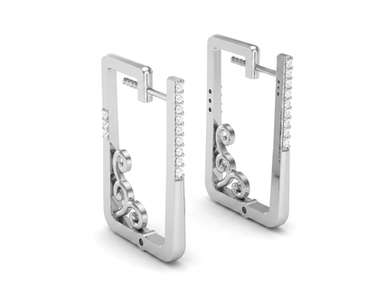 Round Cut Diamond Rectangle Hoop Earrings | Vintage Scrollwork Design