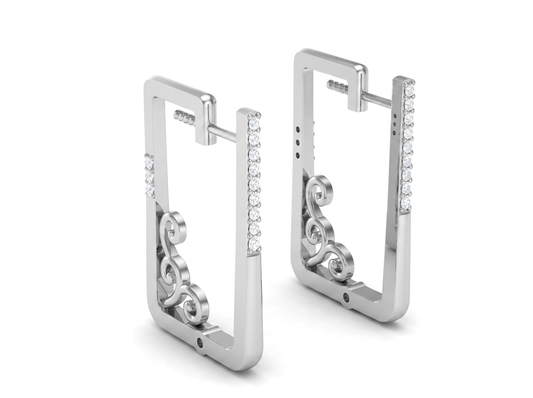 Round Cut Diamond Rectangle Hoop Earrings | Vintage Scrollwork Design