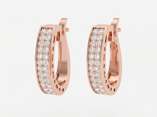 Round Cut Diamond Hoop Earrings | Triple Row Pavé Design