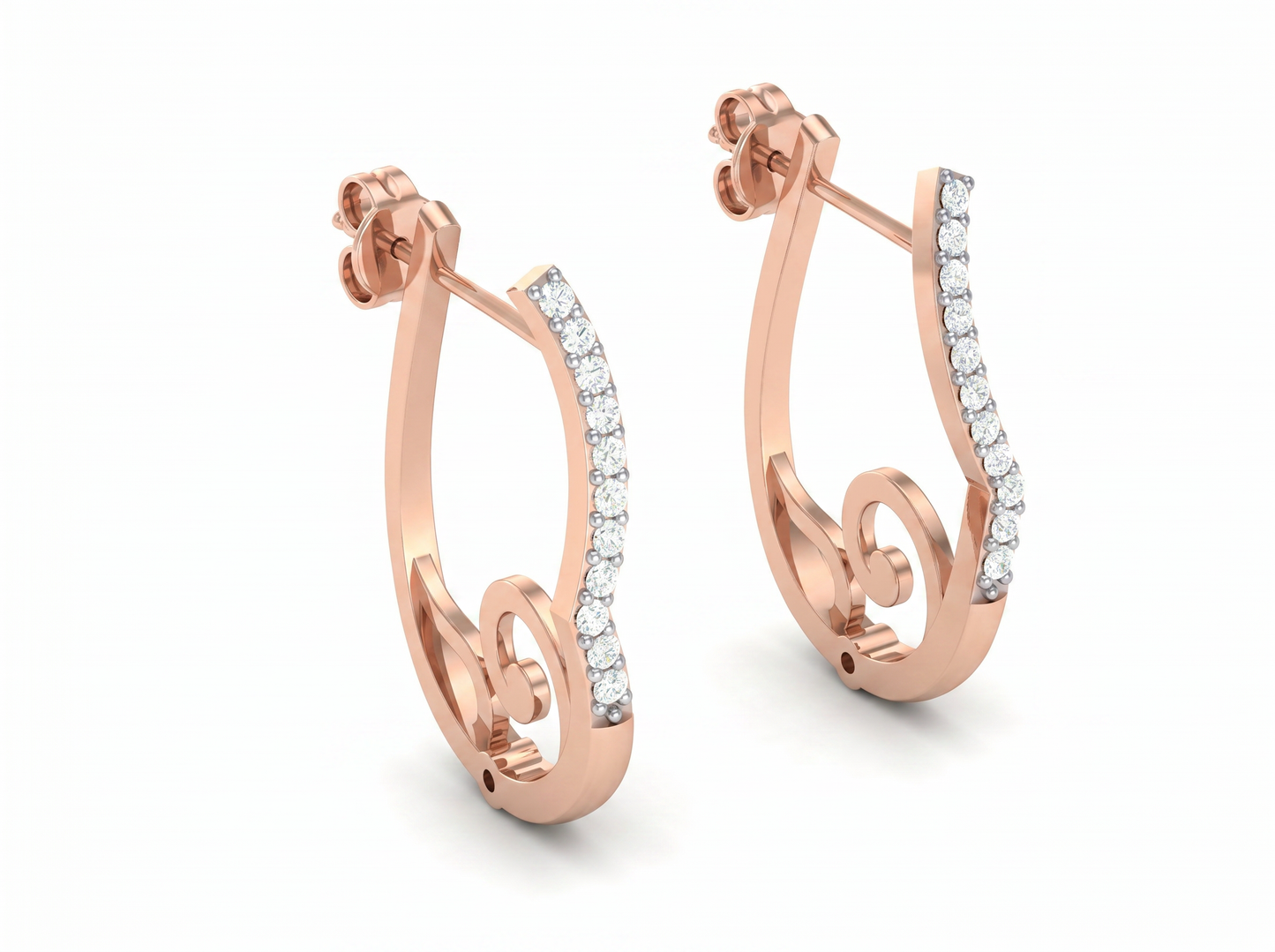 round cut diamond hoop earrings | swirl accent design