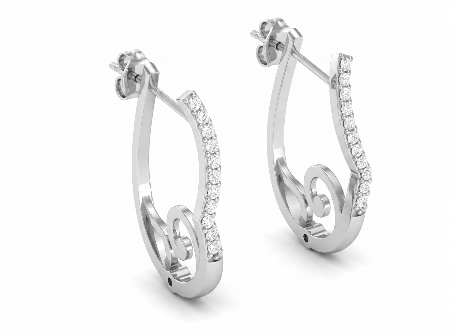 round cut diamond hoop earrings | swirl accent design