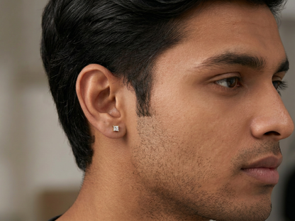 Men’s Princess Cut Diamond Solitaire Stud Earrings | Classic Four Prong Design