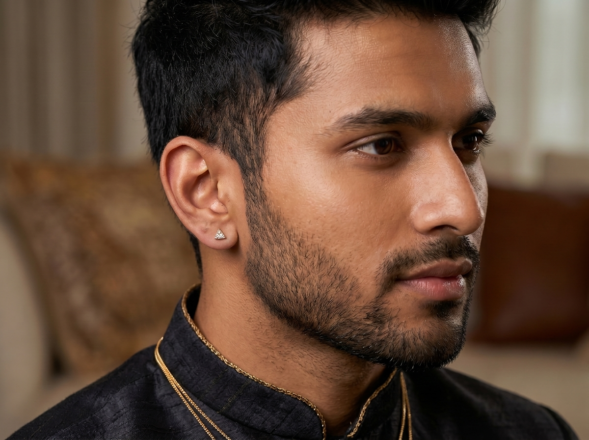 men’s trillion cut diamond solitaire stud earrings | three prong geometric design