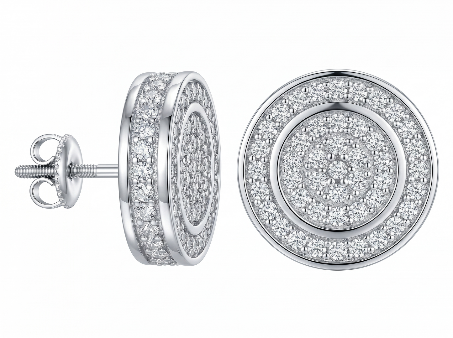 men’s round diamond cluster stud earrings | multi row halo disc design