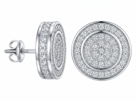 Men’s Round Diamond Cluster Stud Earrings | Multi Row Halo Disc Design