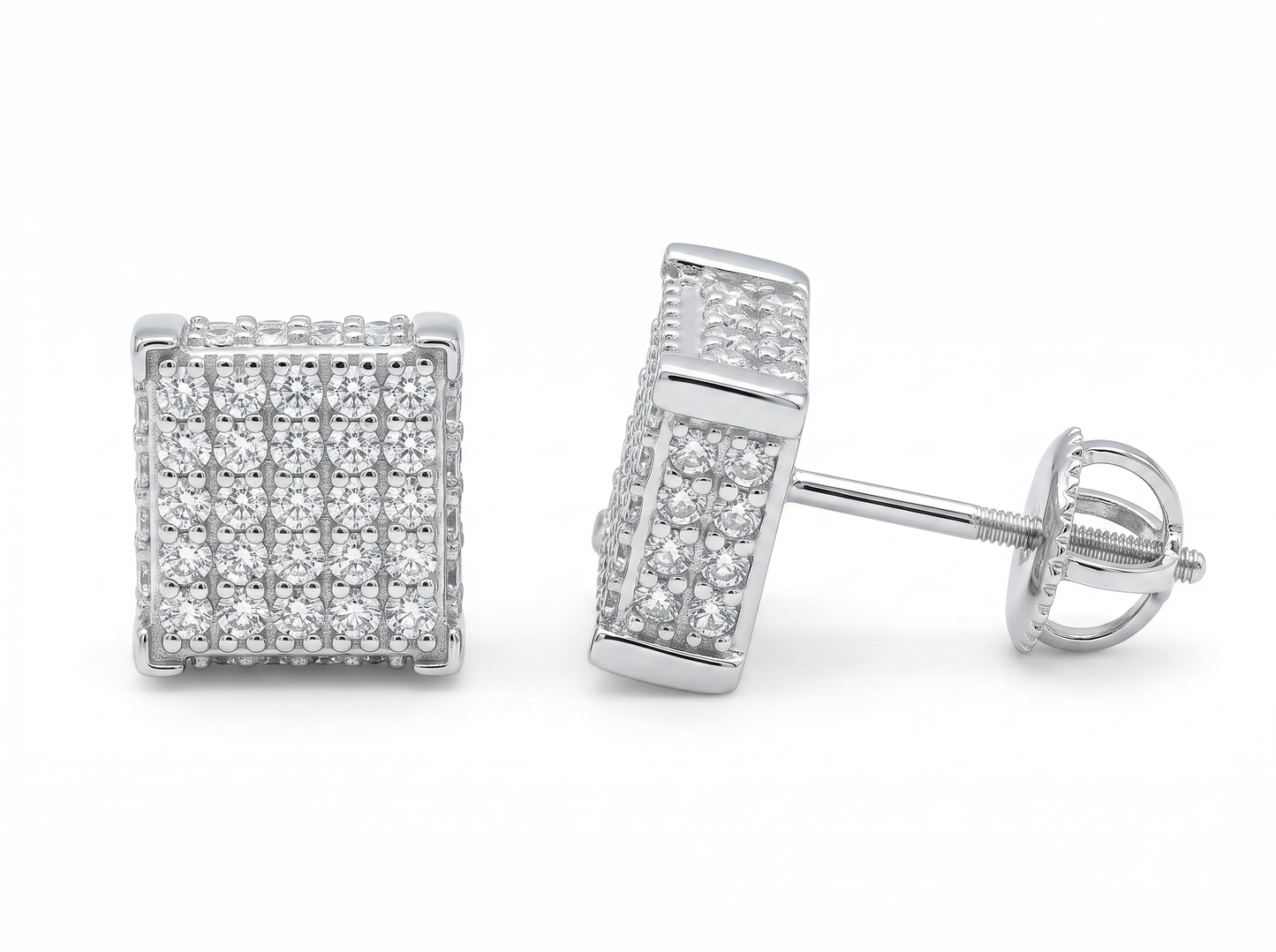 men’s square round diamond cluster stud earrings | multi stone grid setting design
