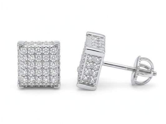 Men’s Square Round Diamond Cluster Stud Earrings | Multi Stone Grid Setting Design