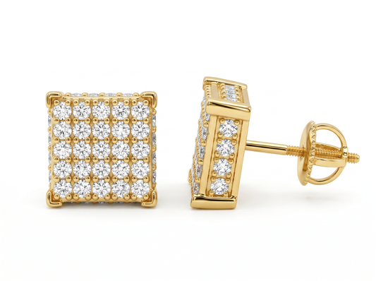 Men’s Square Round Diamond Cluster Stud Earrings | Multi Stone Grid Setting Design