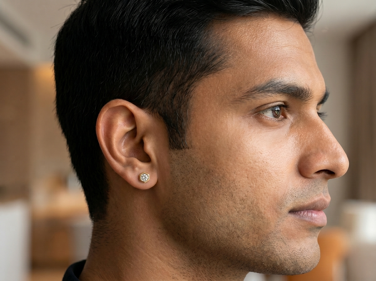 men’s round diamond stud earrings | hexagon bezel modern design