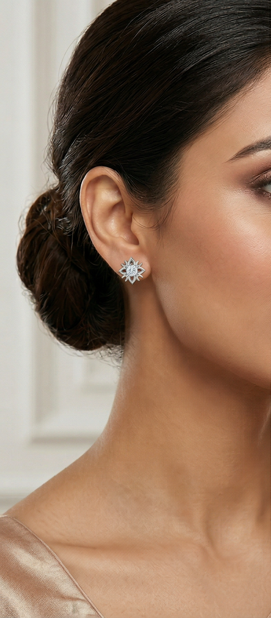 Ornate Floral Diamond Stud Earrings | Sculpted Prong-Set Star Design